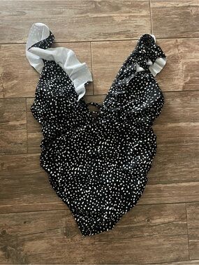 Never worn Maternity Pinkblush Black & White Polka Ruffle One-Piece Swimsuit